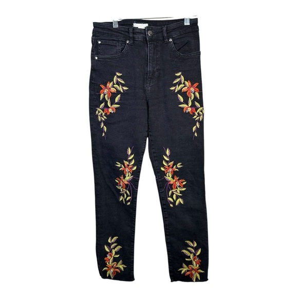 H&M Black Straight Jeans Red/Green Embroidered Flowers Stretch Women's Size 4 - Picture 11 of 11
